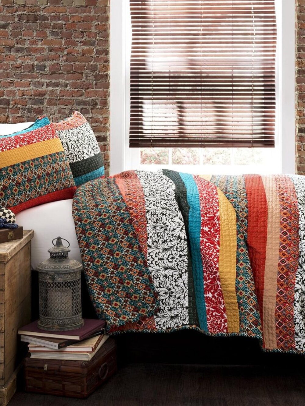 Boho Stripe Reversible Cotton Quilt 3-Piece Set, King, Turquoise & Tangerine - B